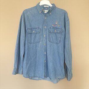 Vintage Denim Button Shirt Nautical Embroidered Flags Anchor Women M Sail Boat